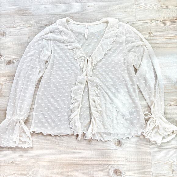 Anthropologie Sheer Dot Ruffle Tie Front Blouse | Off-White Size Large - Picture 1 of 9